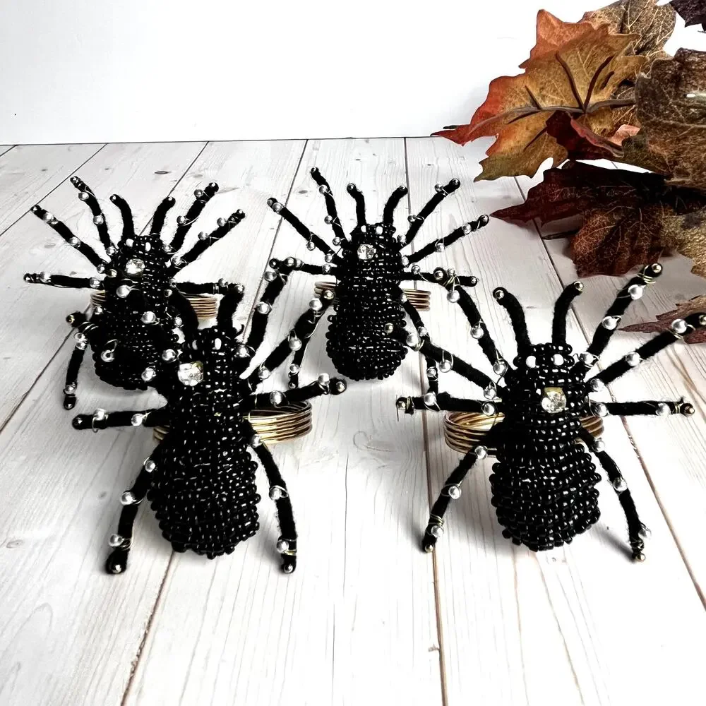Set of 4 Black Widow Spider Beaded Napkin Rings Rhinestone Gold Halloween Glam